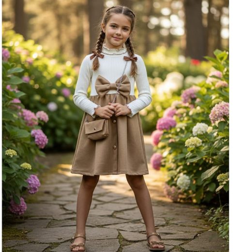 Girls Full Sleeve Bow Dress with Purse (4-14Y)
