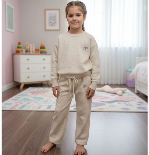 Girls Knitted Full Diamante Bow Lounge Wear Set  (4-12Y)