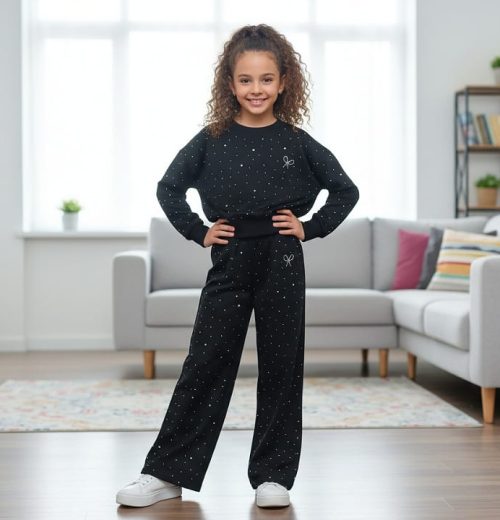 Girls Knitted Full Diamante Bow Lounge Wear Set  (4-12Y)