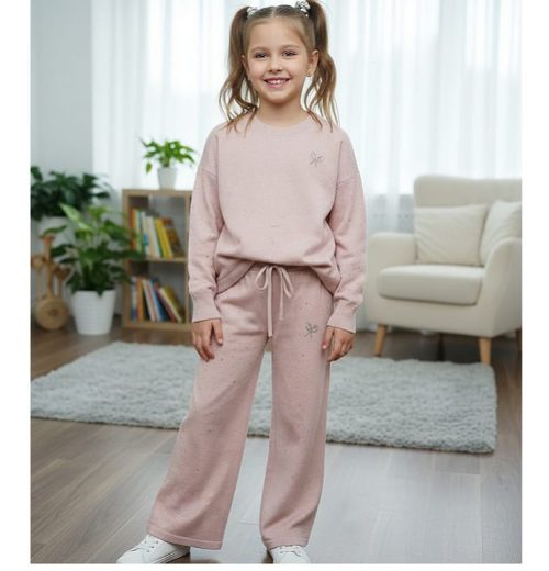 Girls Knitted Full Diamante Bow Lounge Wear Set  (4-12Y)