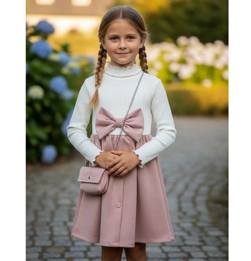 Girls Full Sleeve Bow Dress with Purse (4-14Y)