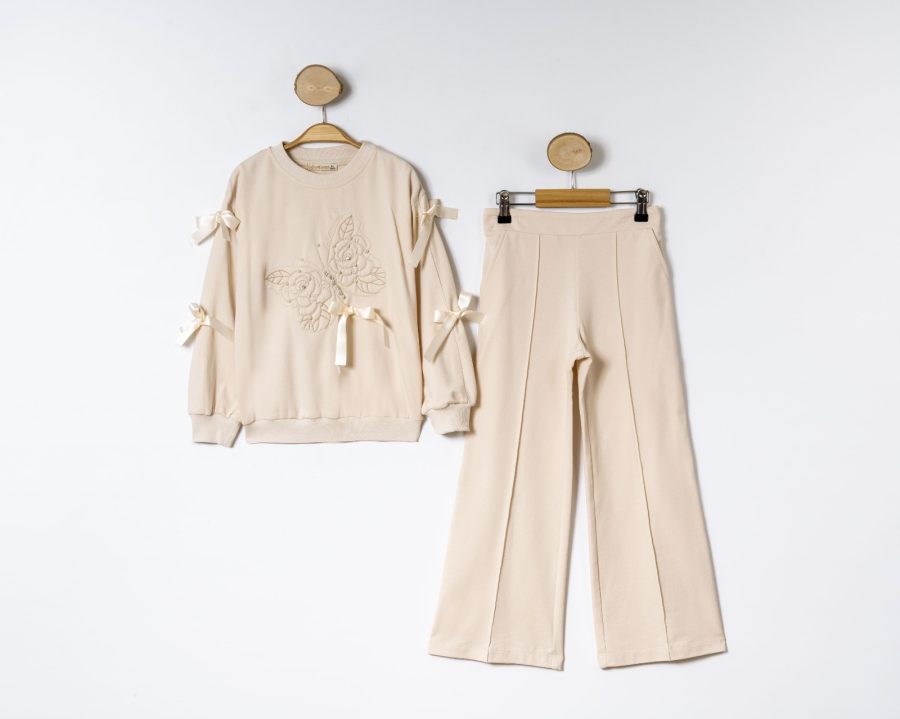 buttefly beige Girls Embroidered Butterfly Diamante Pearl Bow Lounge Wear Set (6-9Y)