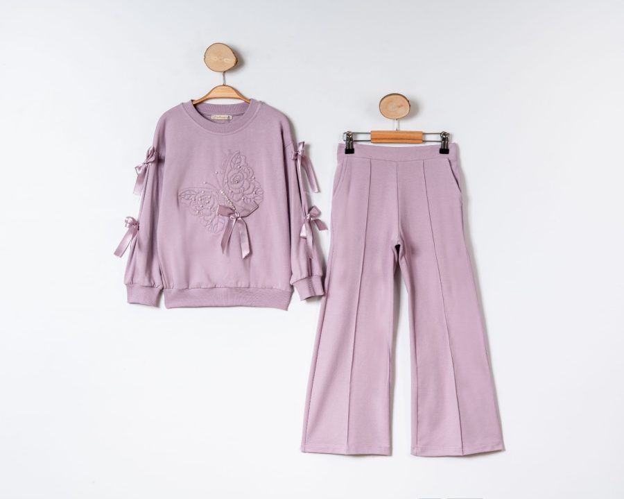 butterfly lilac Girls Embroidered Butterfly Diamante Pearl Bow Lounge Wear Set (6-9Y)