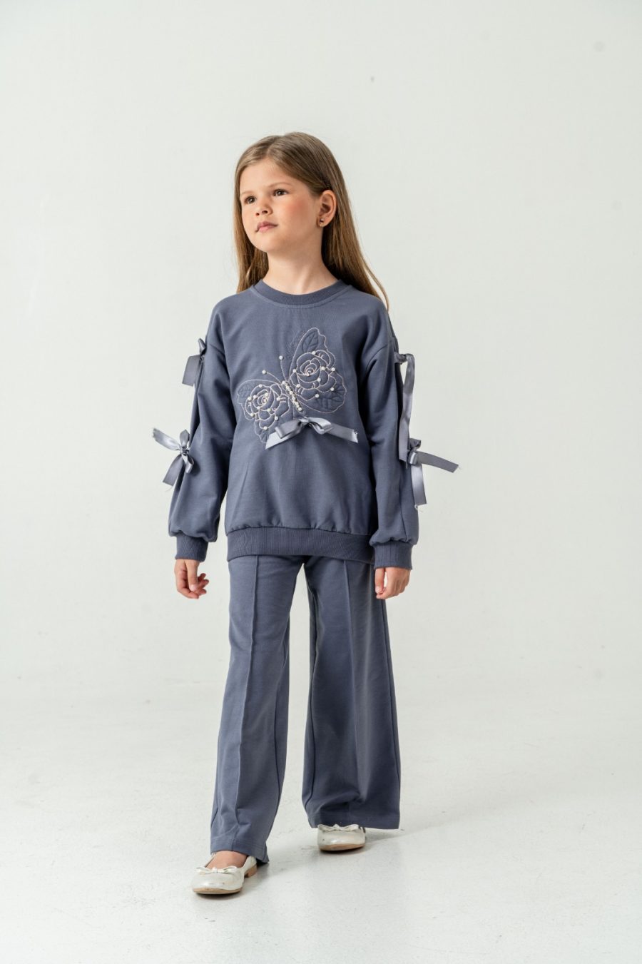 butterfly navy Girls Embroidered Butterfly Diamante Pearl Bow Lounge Wear Set (6-9Y)