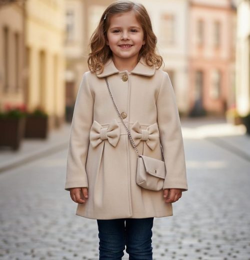 Girls Double Bow Woolly Coat with Purse (4-14Y)