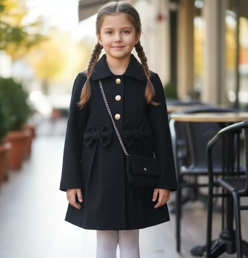 Girls Double Bow Woolly Coat with Purse (4-14Y)