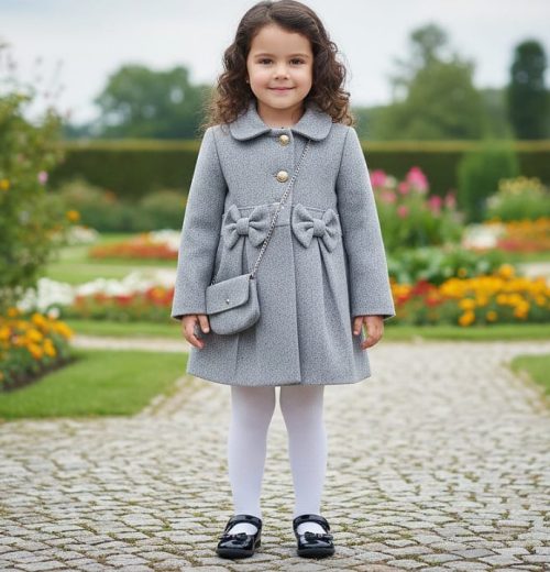 Girls Double Bow Woolly Coat with Purse (4-14Y)