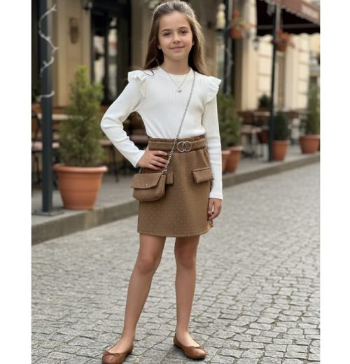 Girls Frilly Shoulder Diamante Dress with Purse (4-14Y)