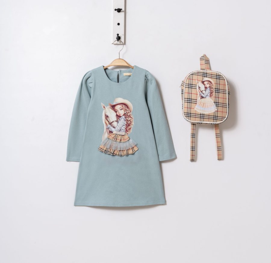 doll big blue Girls Doll Print Full Sleeve Dress with Back Pack (2-7Y)