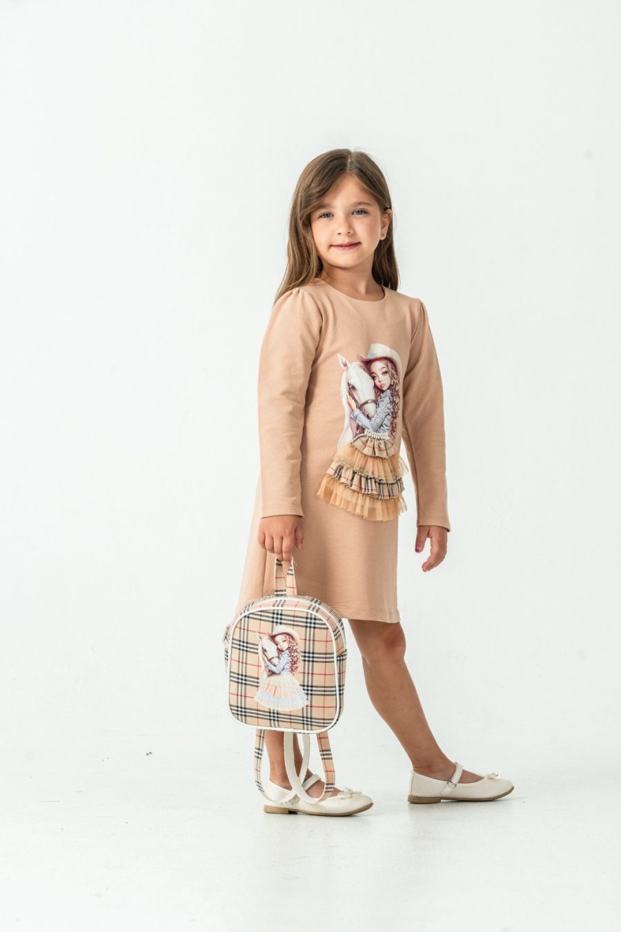 doll big camel Girls Doll Print Full Sleeve Dress with Back Pack (2-7Y)