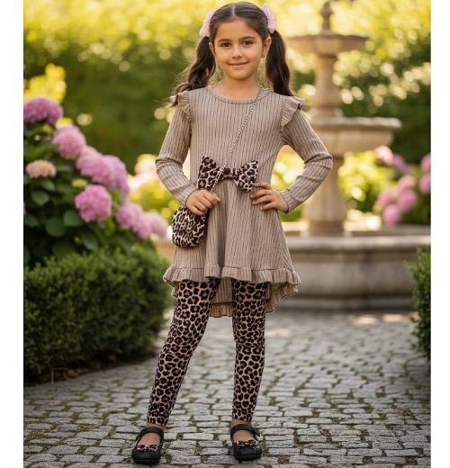 Girls Leopard Bow Tail Dress & Leggings Set with Purse (4-14Y)