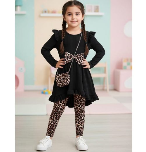 Girls Leopard Bow Tail Dress & Leggings Set with Purse (4-14Y)
