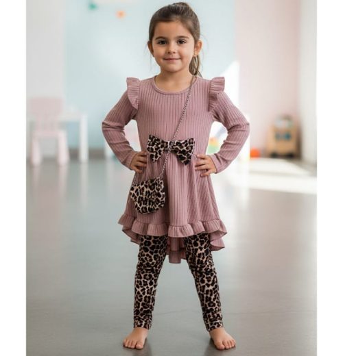 Girls Leopard Bow Tail Dress & Leggings Set with Purse (4-14Y)