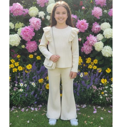 Girls Two Piece Woolly Frilly Shoulder Lounge Wear Set with Purse (4-14Y)