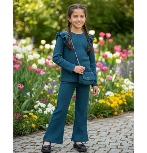 Girls Two Piece Woolly Frilly Shoulder Lounge Wear Set with Purse (4-14Y)