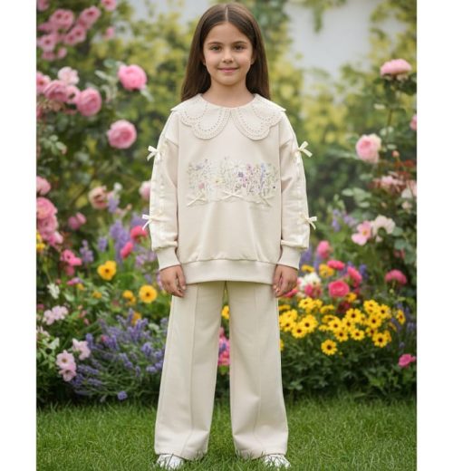 Girls Floral Diamante Bow Sleeve Lace Collar Lounge Wear Set  (4-7Y)