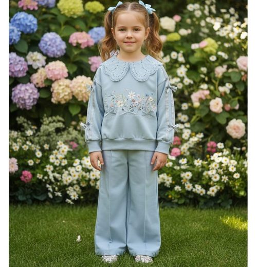 Girls Floral Diamante Bow Sleeve Lace Collar Lounge Wear Set  (4-7Y)