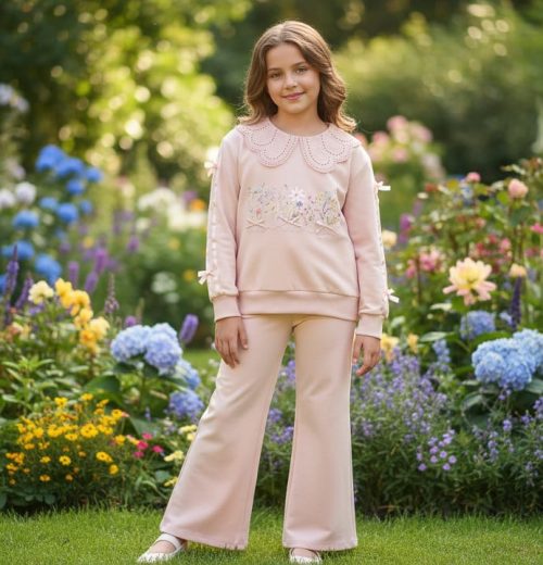 Girls Floral Diamante Bow Sleeve Lace Collar Lounge Wear Set  (4-7Y)