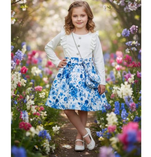 Girls Rose Print Full Sleeve Frilly Shoulder Dress with Purse (4-14Y)