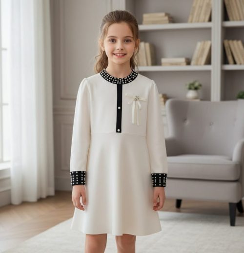 Girls Knitted Pearl Diamante Dress (4-12Y)