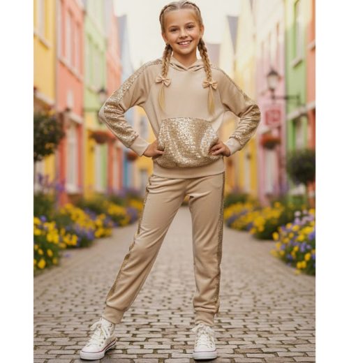 Girls Two Piece Sequin Velvet Hooded Co-Ord Set (4-14Y)