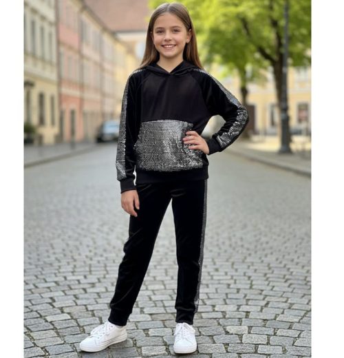 Girls Two Piece Sequin Velvet Hooded Co-Ord Set (4-14Y)