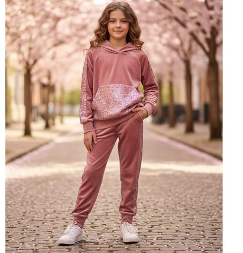 Girls Two Piece Sequin Velvet Hooded Co-Ord Set (4-14Y)