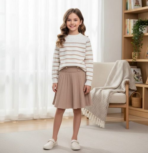 Girls Knitted Stripe Diamante Jumper & Skirt Set (4-12Y)