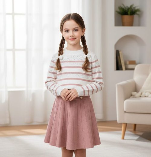 Girls Knitted Stripe Diamante Jumper & Skirt Set (4-12Y)