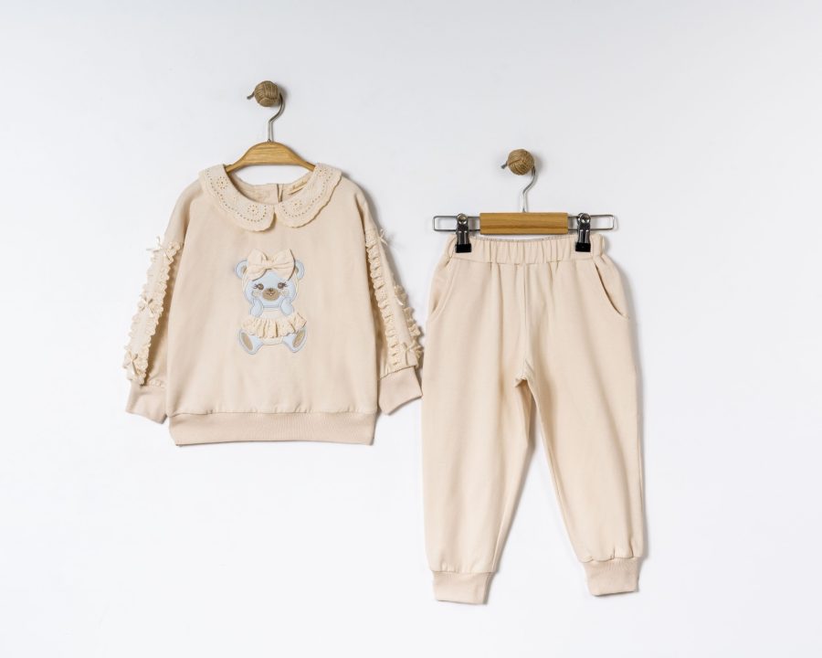 teddy s beige Baby Girls Two Piece Teddy Frilly Trim Lounge Wear Set (9-24M)