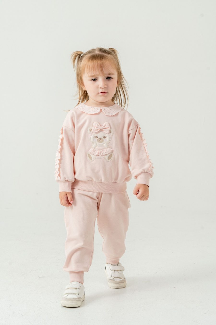teddy s pink 1 Baby Girls Two Piece Teddy Frilly Trim Lounge Wear Set (9-24M)