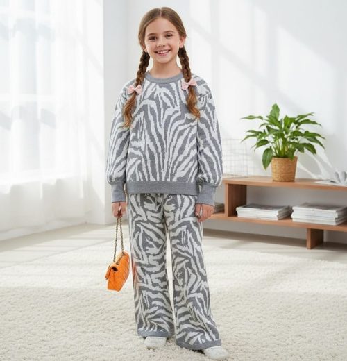 Girls Knitted Zebra Print Lounge Wear Set  (4-12Y)