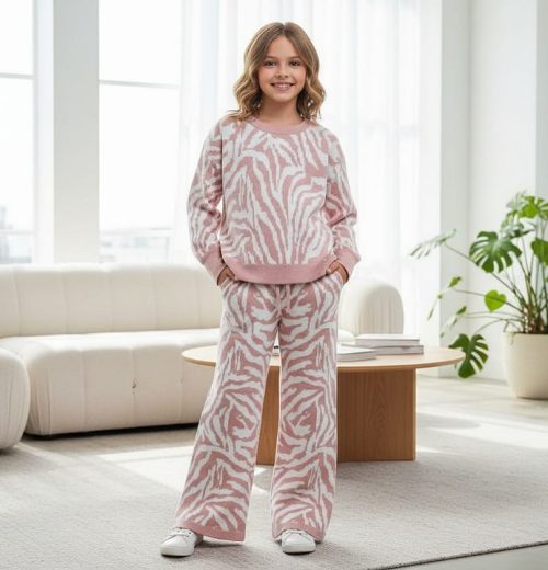 Girls Knitted Zebra Print Lounge Wear Set  (4-12Y)