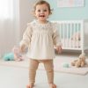 18790 beige Baby Girls Two Piece Frilly Floral Embroidered Legging Set (6-24M)