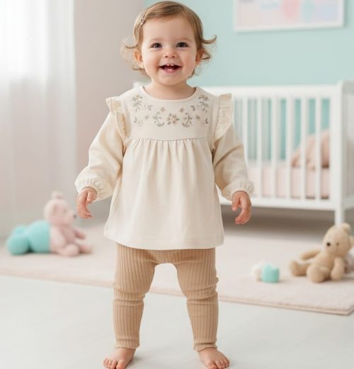 Baby Girls Two Piece Frilly Floral Embroidered Legging Set (6-24M)