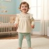 18790 green Baby Girls Two Piece Frilly Floral Embroidered Legging Set (6-24M)