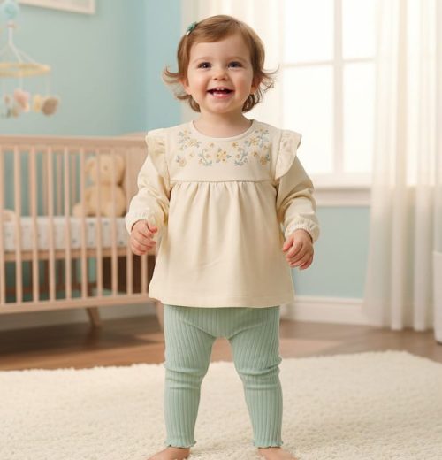 Baby Girls Two Piece Frilly Floral Embroidered Legging Set (6-24M)