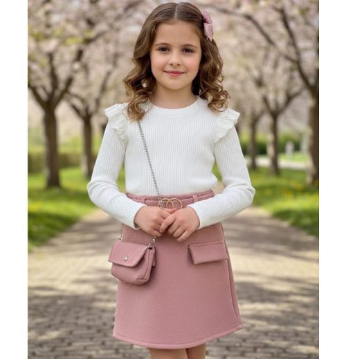 Girls Full Sleeve Diamante Frilly Woolly Dress with Purse (4-14Y)