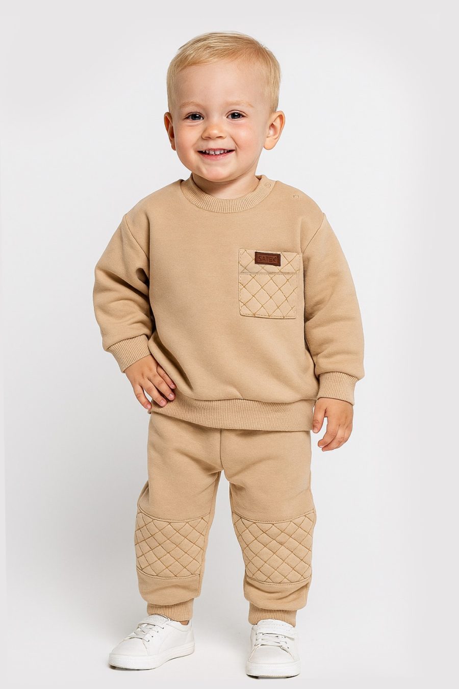 2477 beige Baby Boys Two Piece Criss Cross Trim Tracksuit (9-24M)