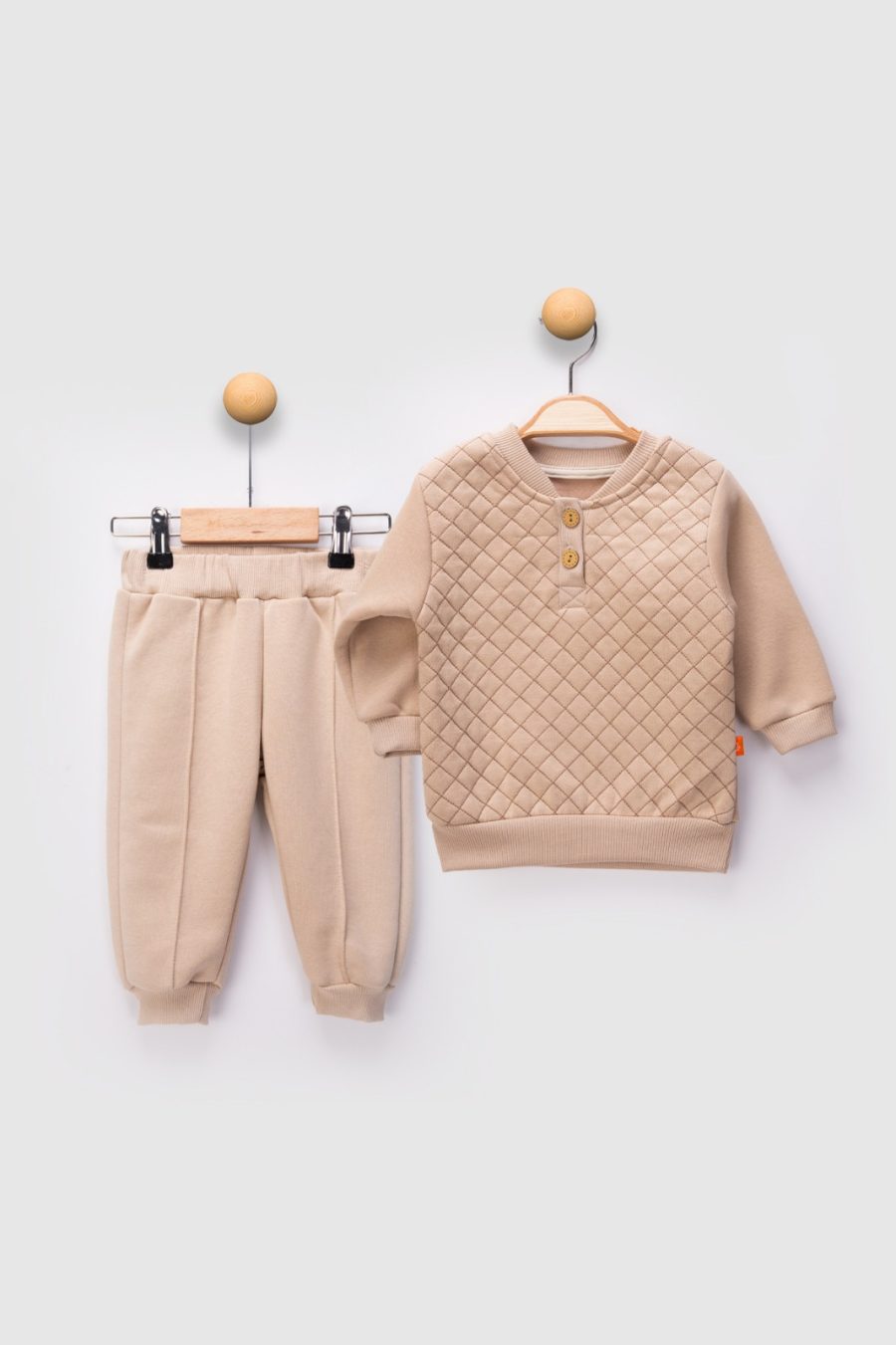 2478 beige Baby Boys Two Piece Criss Cross Stitch Tracksuit (9-24M)