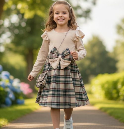 Girls Full Sleeve Velvet Tartan Bow Dress with Purse (4-14Y)
