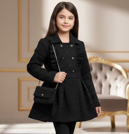 Girls Frilly Full Diamante Woolly Coat with Purse (4-14Y)