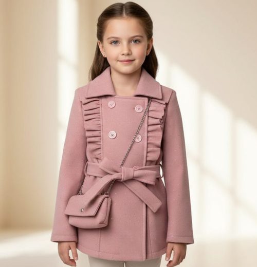 Girls Frilly Full Diamante Woolly Coat with Purse (4-14Y)