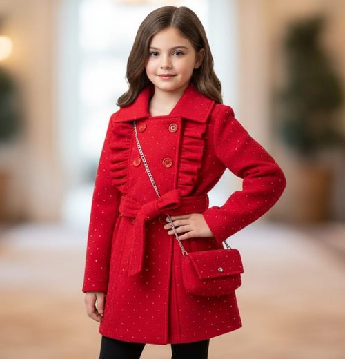 Girls Frilly Full Diamante Woolly Coat with Purse (4-14Y)