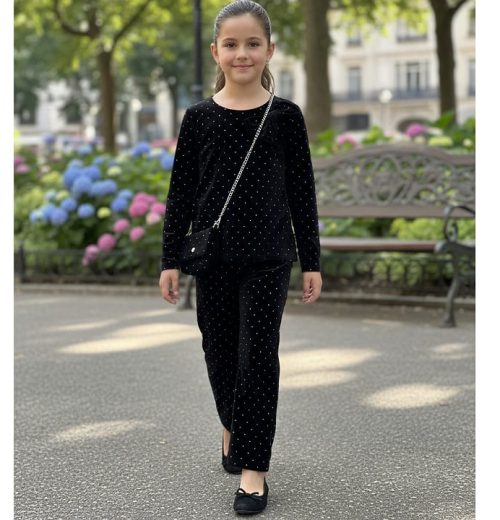 Girls Two Piece Full Diamante Velvet Co-Ord Set with Purse (4-14Y)