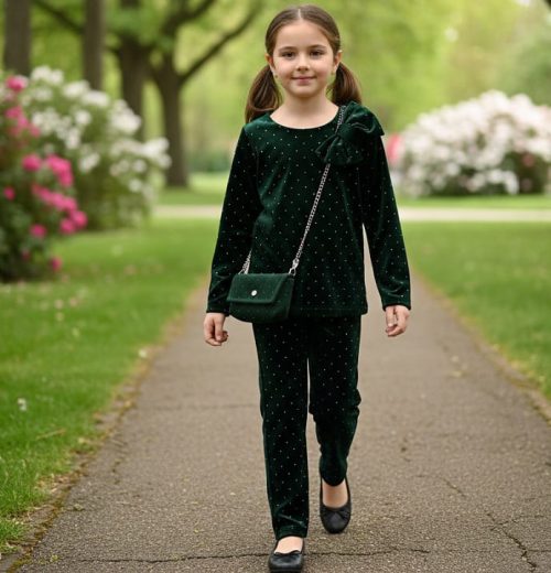 Girls Two Piece Full Diamante Velvet Co-Ord Set with Purse (4-14Y)