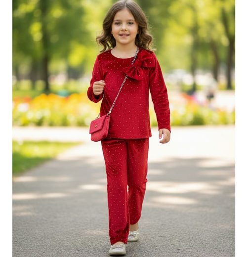 Girls Two Piece Full Diamante Velvet Co-Ord Set with Purse (4-14Y)