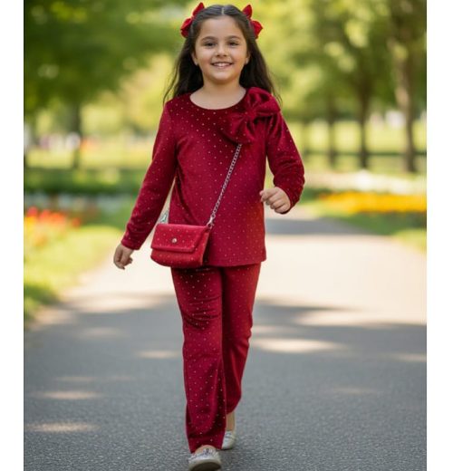 Girls Two Piece Full Diamante Velvet Co-Ord Set with Purse (4-14Y)