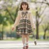 326 beige Girls Full Sleeve Velvet Bow Tartan Dress with Purse (4-14Y)