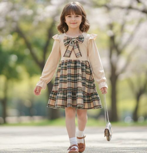 Girls Full Sleeve Velvet Bow Tartan Dress with Purse (4-14Y)